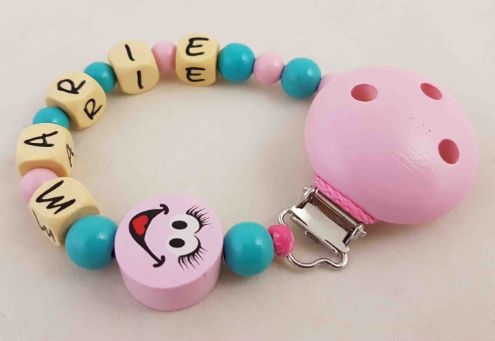 Schnullerkette mit Name "Smiley" in babyrosa/mint