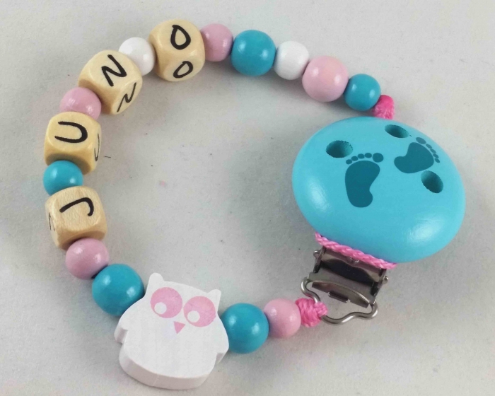Schnullerkette mit Name "Eule" in babyrosa/mint/weiß