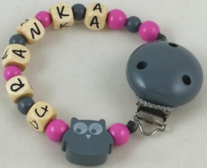 Schnullerkette mit Name "Eule" in grau/pink