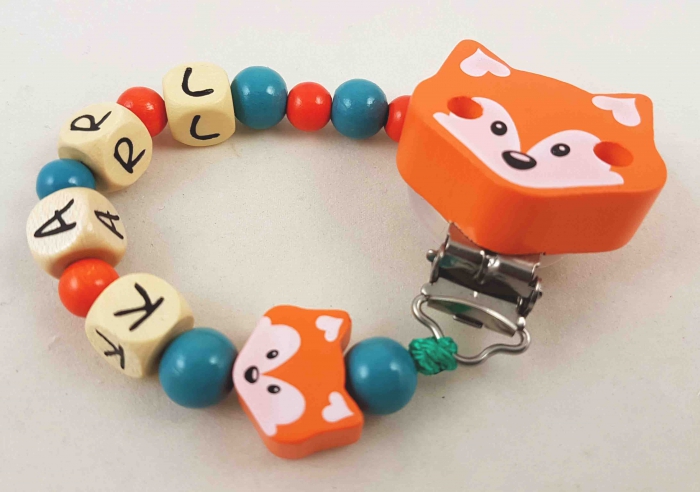 Schnullerkette mit Name "Fuchs" in orange/petrol