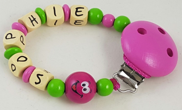 Schnullerkette mit Name "3D Smiley" in pink/apfelgrün