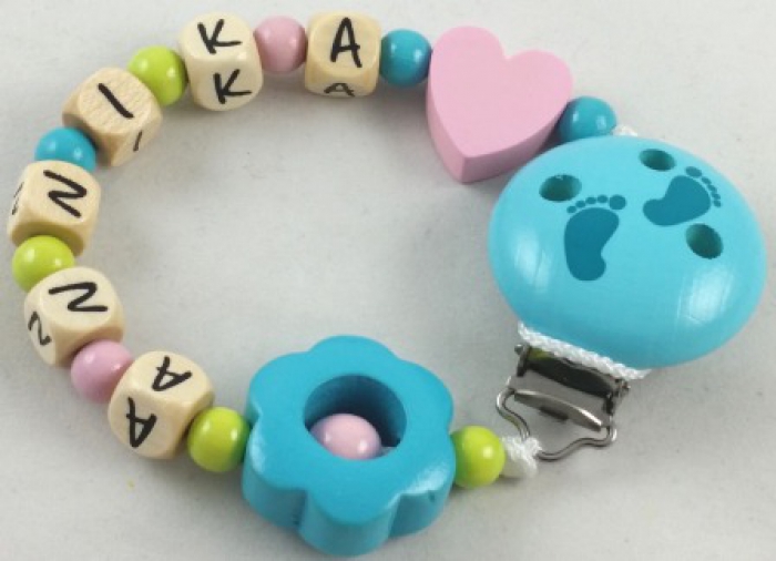 Schnullerkette mit Name "Blume & Herz" in babyrosa/lemon/mint