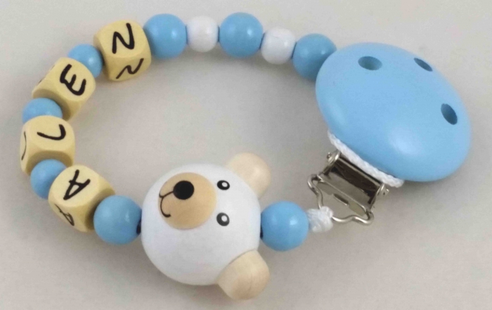 Schnullerkette mit Name "Bär" in babyblau/weiß