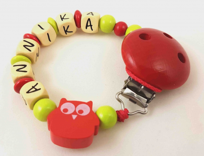 Schnullerkette mit Name "Eule" in lemon/rot