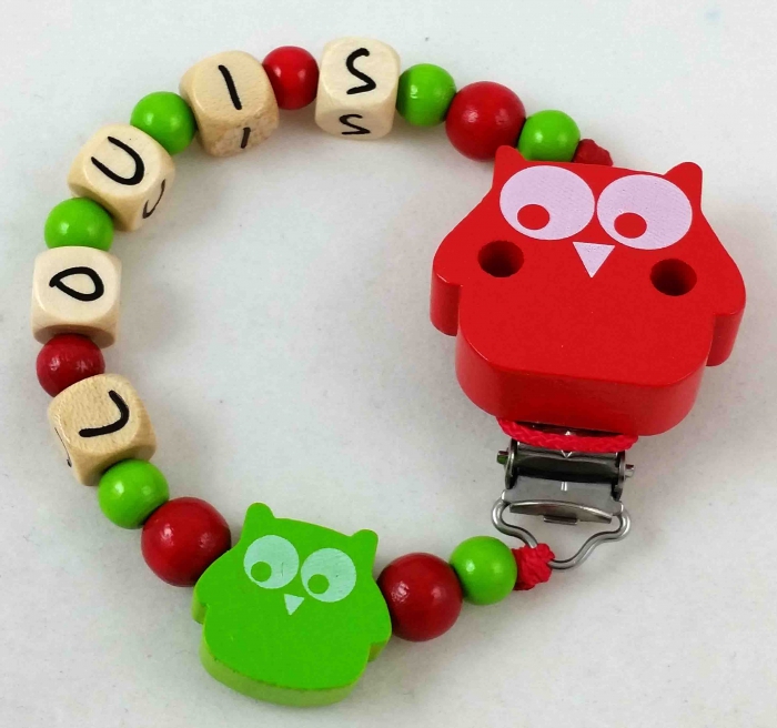 Schnullerkette mit Name "Eule" in apfelgrün/rot