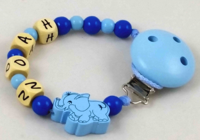 Schnullerkette mit Name "Elefant" in babyblau/mittelblau