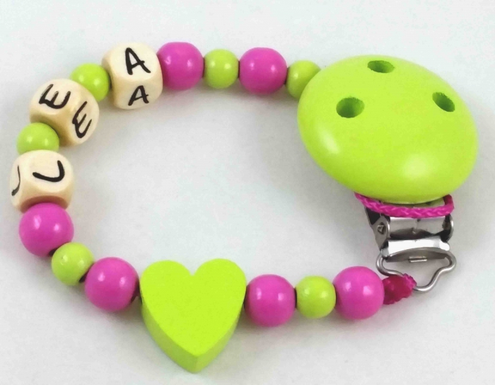 Schnullerkette mit Name "Herz" in lemon/pink